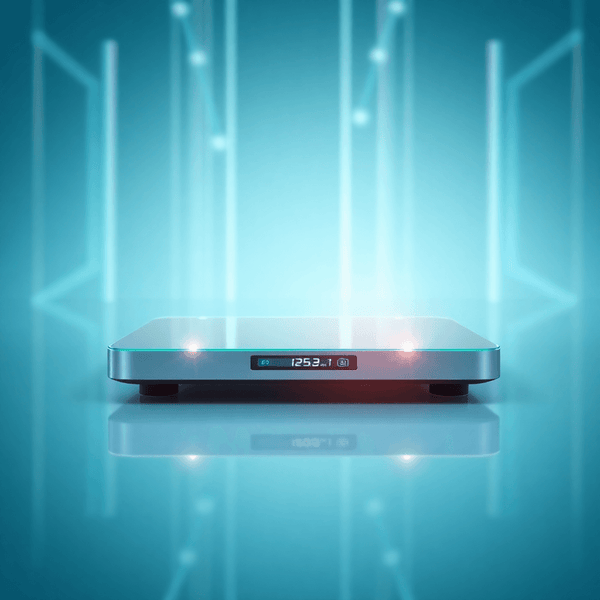A modern digital scale with a glowing display, advanced sensors, and connectivity icons, set against a clean, high-tech background in bright colors.