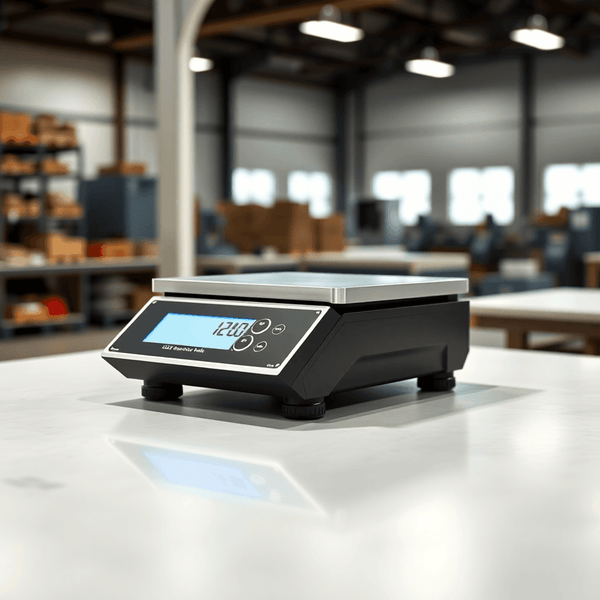 A modern industrial bench scale on a clean workbench, featuring a digital backlit LCD display and stainless steel weighing pan, set in a softly lit professional