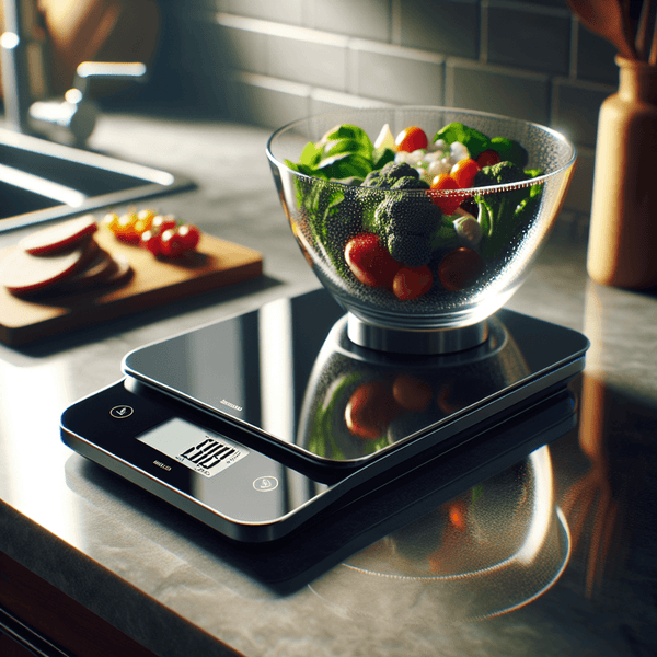 A digital diet scale in a modern kitchen setting, minimalist style.